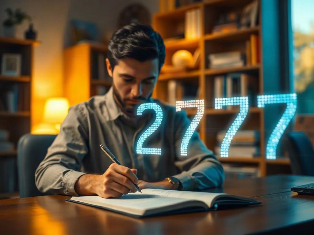 Osoba skupiona na pisaniu w notatniku, nad którym unosi się świetlista liczba 2727, symbolizująca duchowe znaczenie tej liczby.