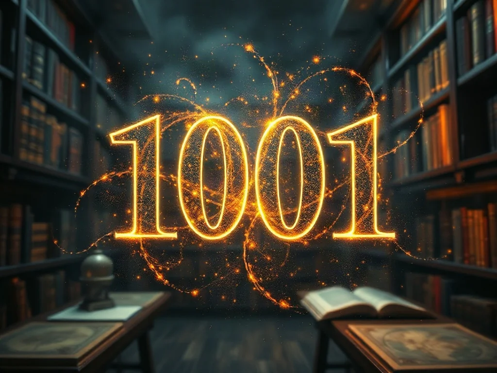 Eteryczna, świecąca liczba 1001 unosząca się w kosmicznym pyle na tle starodawnej biblioteki w mistycznym, złotym świetle.