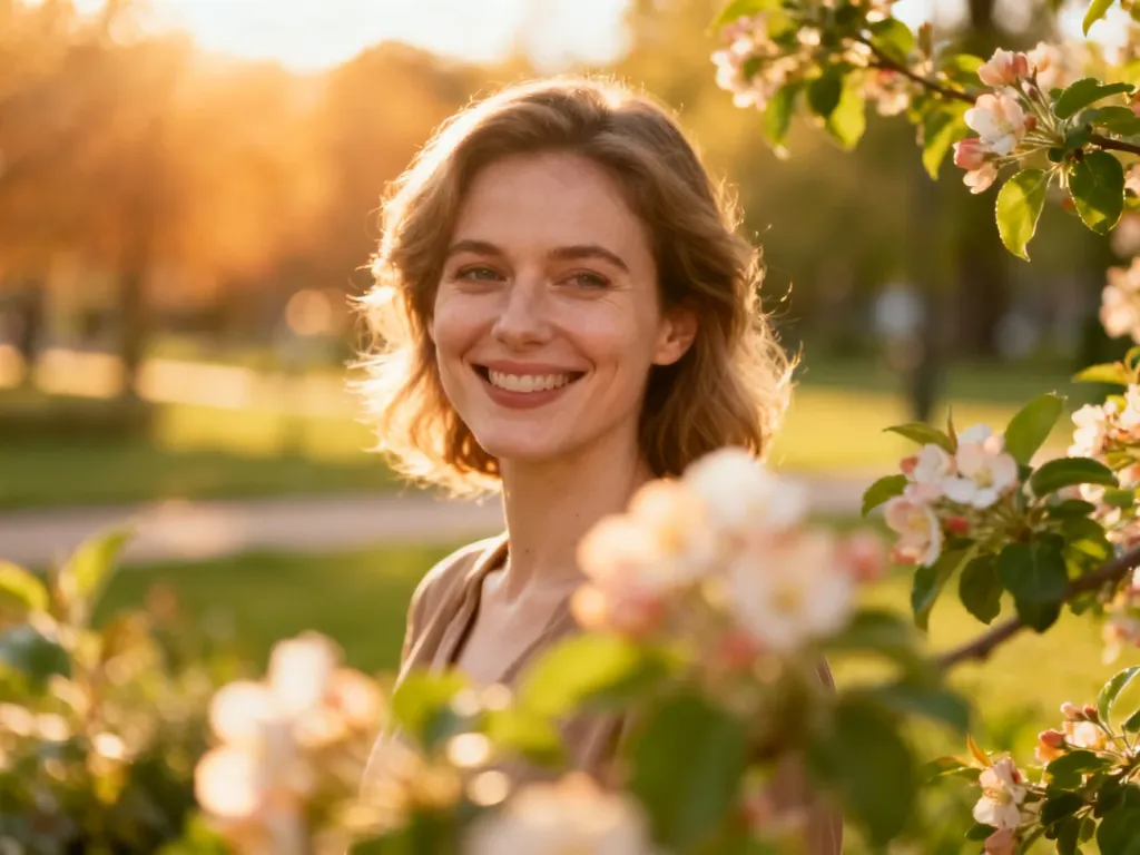 Uśmiechnięta kobieta w słonecznym ogrodzie, symbolizująca pogodną naturę i elegancję imienia Joanna.