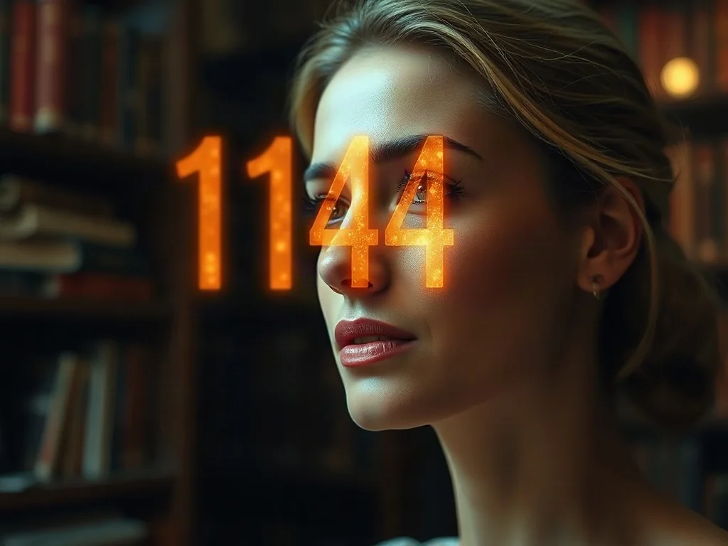 Kobieta zamyślona nad unoszącą się w powietrzu złotą liczbą 1144 w mistycznej bibliotece.