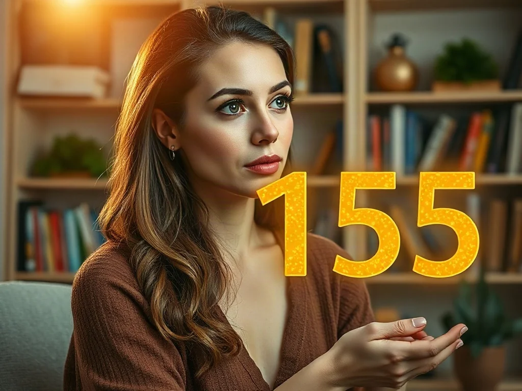 Kobieta w przytulnym gabinecie zamyślona nad unoszącą się w powietrzu złotą liczbą 1155, symbolizującą przekaz numerologiczny.