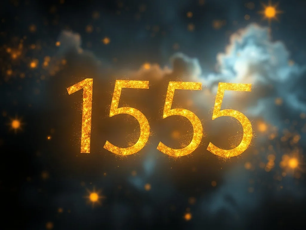 Złota, świetlista liczba 1555 unosząca się na tle kosmicznej mgławicy w odcieniach granatu i złota.