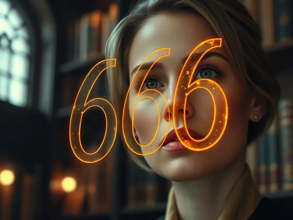 Kobieta zamyślona nad unoszącą się w powietrzu złotą liczbą 6666 w mistycznej bibliotece.