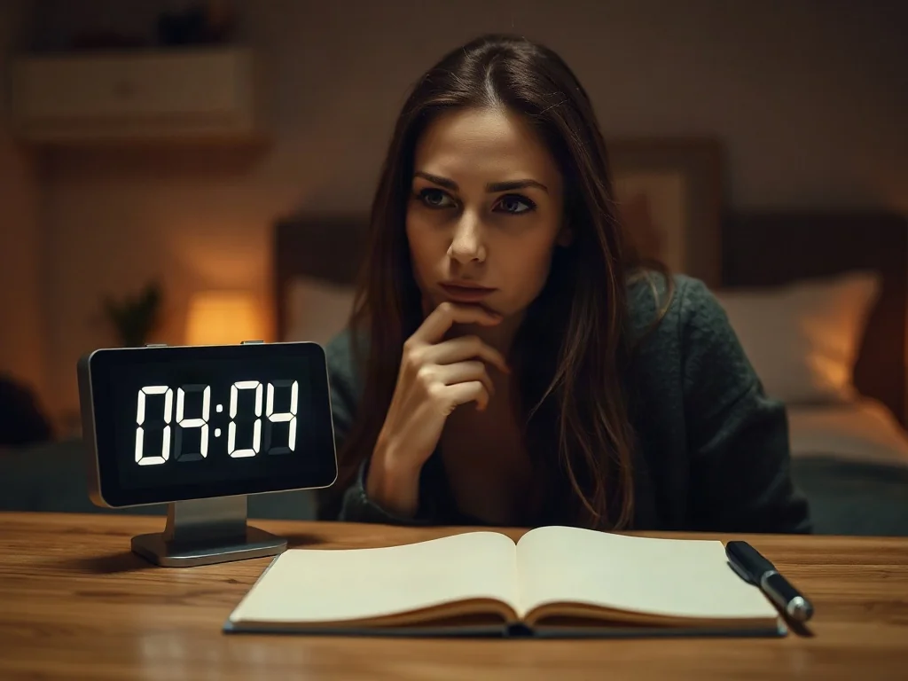 Kobieta zamyślona nad zegarem cyfrowym wskazującym godzinę 04:04 w przytulnym, ciepło oświetlonym wnętrzu.