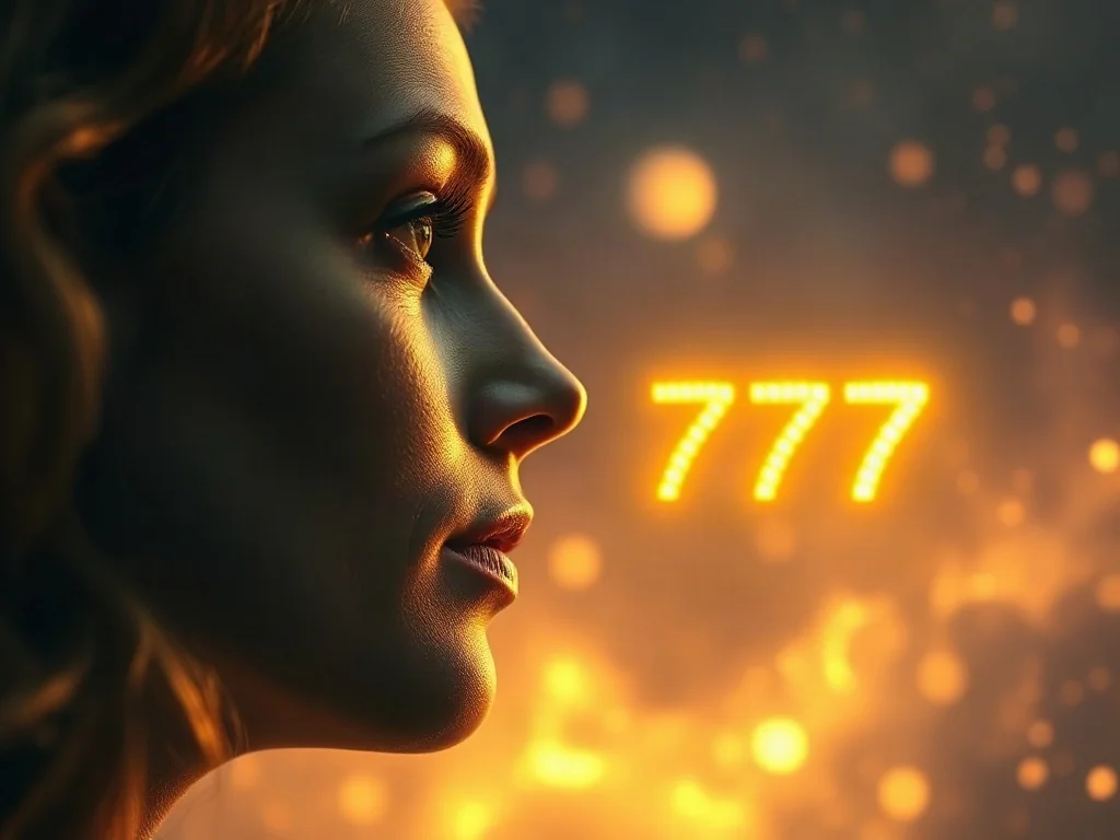 Kobieta zamyślona nad unoszącą się w powietrzu, złotą liczbą 7777 na tle mistycznej, kosmicznej mgławicy.