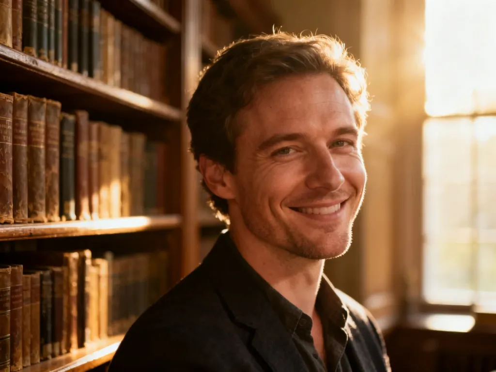Uśmiechnięty mężczyzna w przytulnej bibliotece, podkreślający intelektualny i ciepły charakter imienia Franciszek.