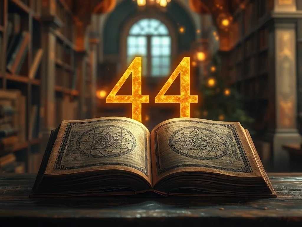 Złota, świecąca liczba 44 unosząca się nad starą księgą w klimatycznej bibliotece, symbolizująca mistyczne znaczenie numerologii.