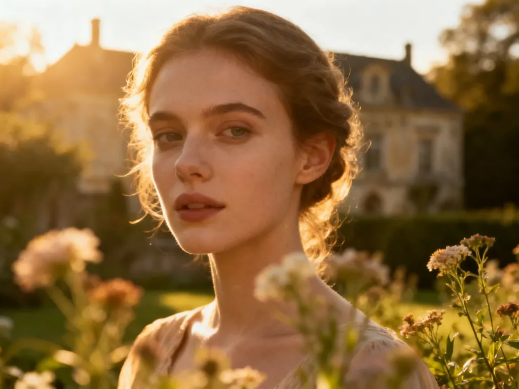 Portret młodej kobiety w słonecznym ogrodzie, podkreślający delikatność i elegancję kojarzoną z imieniem Emilia.