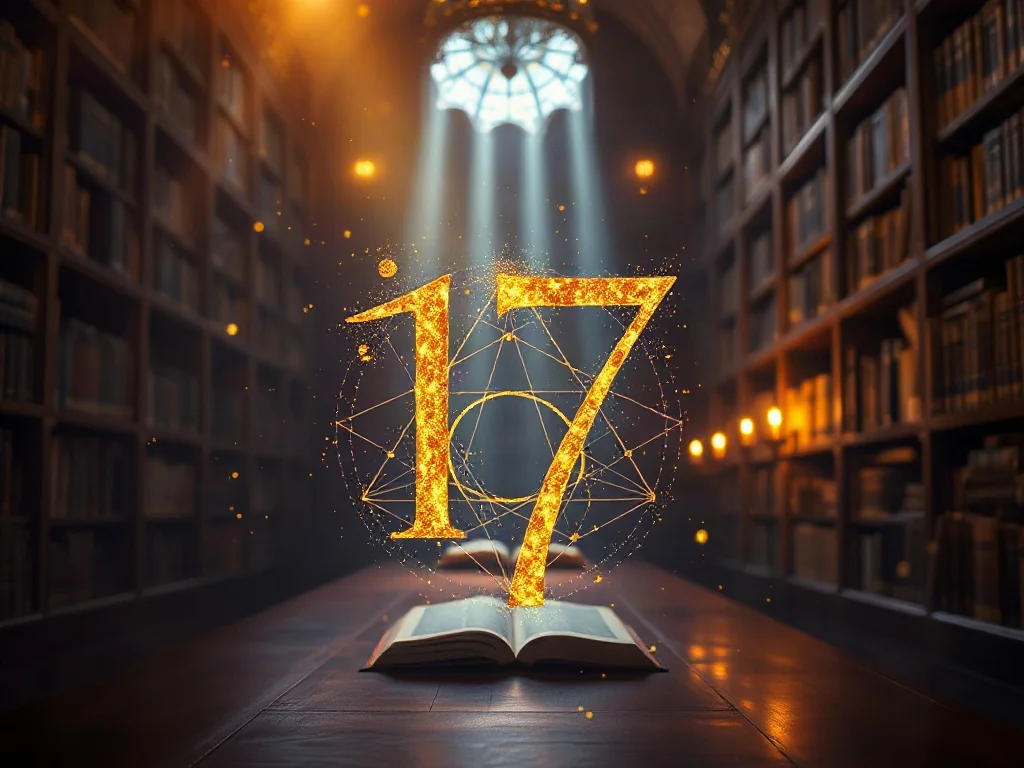 Złota liczba 17 stworzona z lśniących cząsteczek na tle mistycznej biblioteki, symbolizująca duchowe znaczenie tej cyfry.