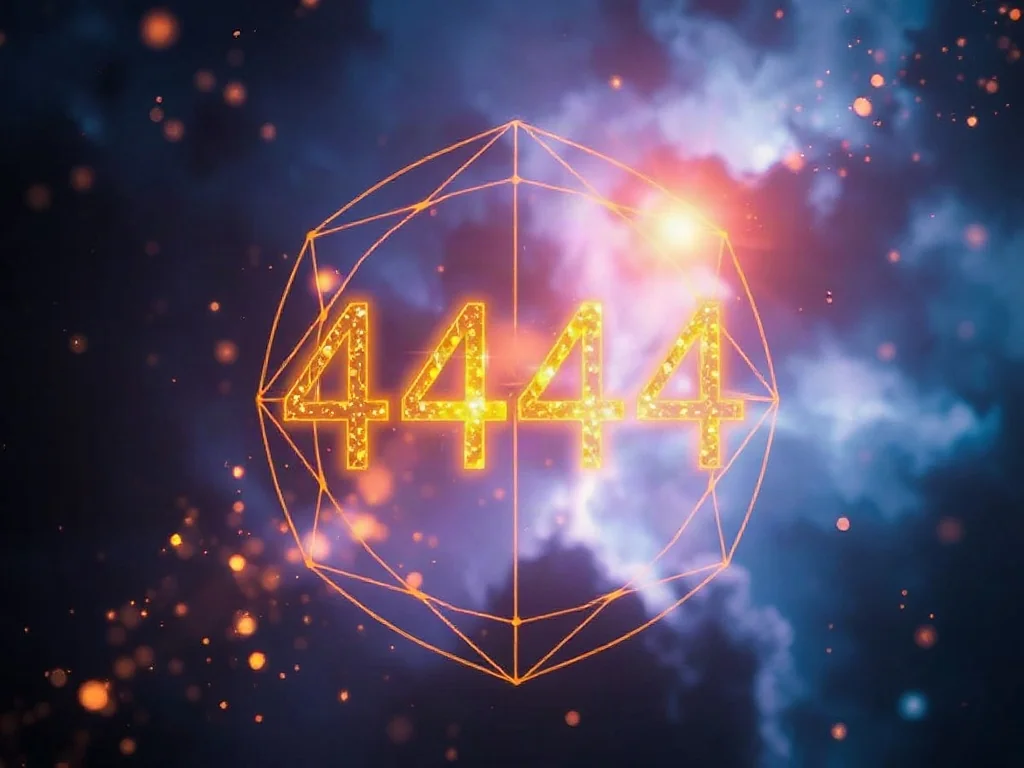 Świetlista liczba 44444 otoczona złotymi drobinkami i wzorami świętej geometrii na tle kosmicznej mgławicy.