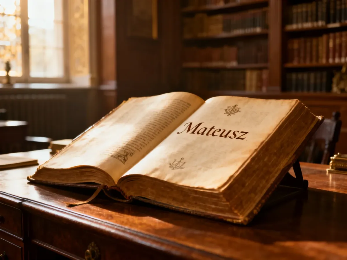 Otwarta zabytkowa księga z wypisanym imieniem Mateusz na drewnianym biurku w bibliotece, podkreślająca historyczne znaczenie imienia.