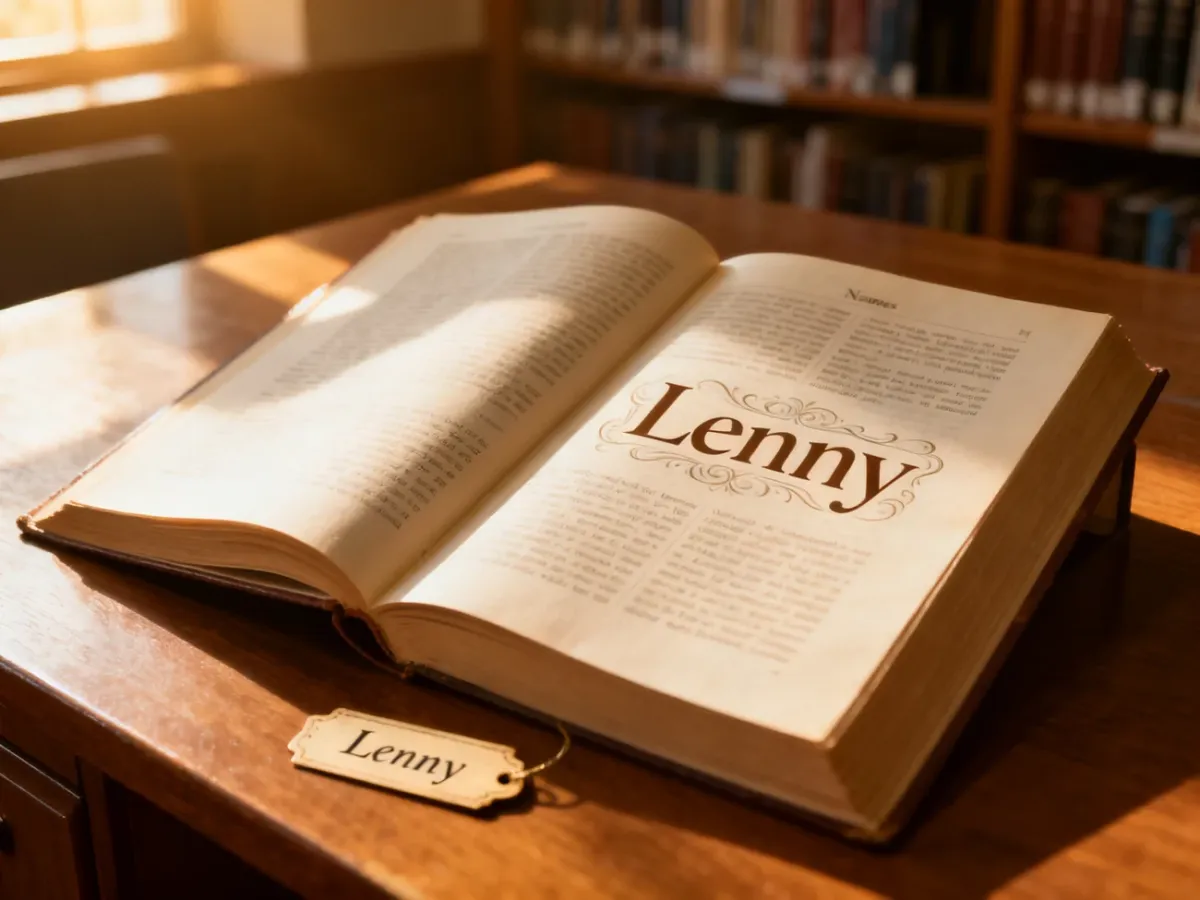 Otwarta księga imion z wyróżnionym napisem „Lenny” na drewnianym biurku w przytulnej bibliotece w świetle poranka.