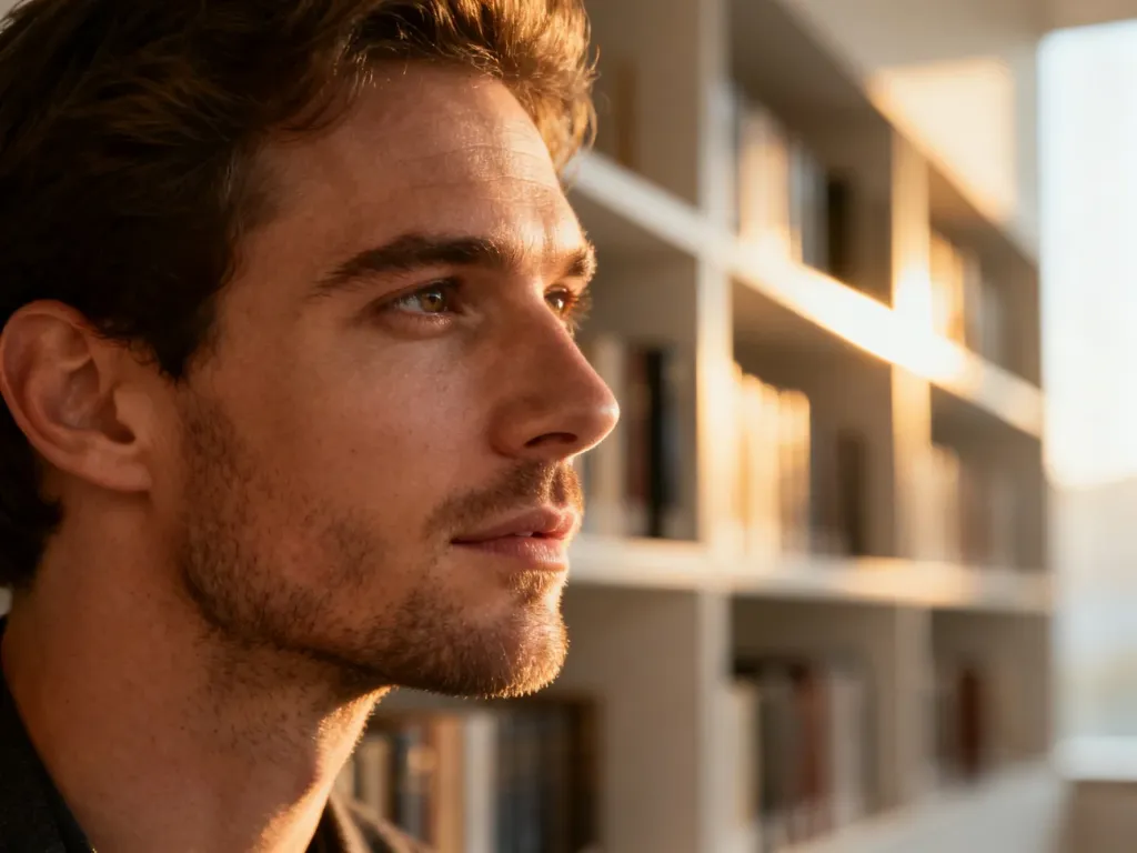 Portret przystojnego mężczyzny o zamyślonym spojrzeniu na tle nowoczesnej biblioteki.