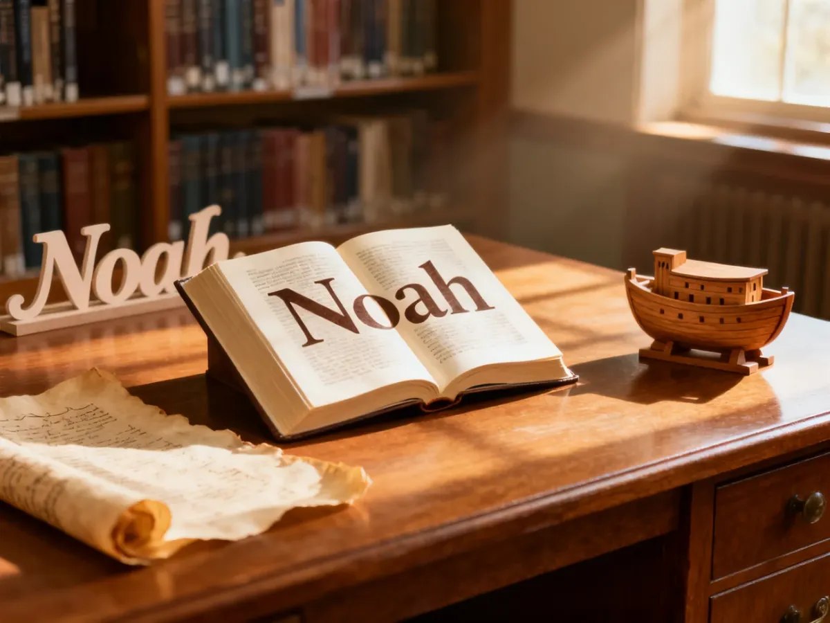 Otwarta księga z napisem „Noah” na drewnianym biurku w bibliotece, otoczona symbolicznymi elementami nawiązującymi do historii.