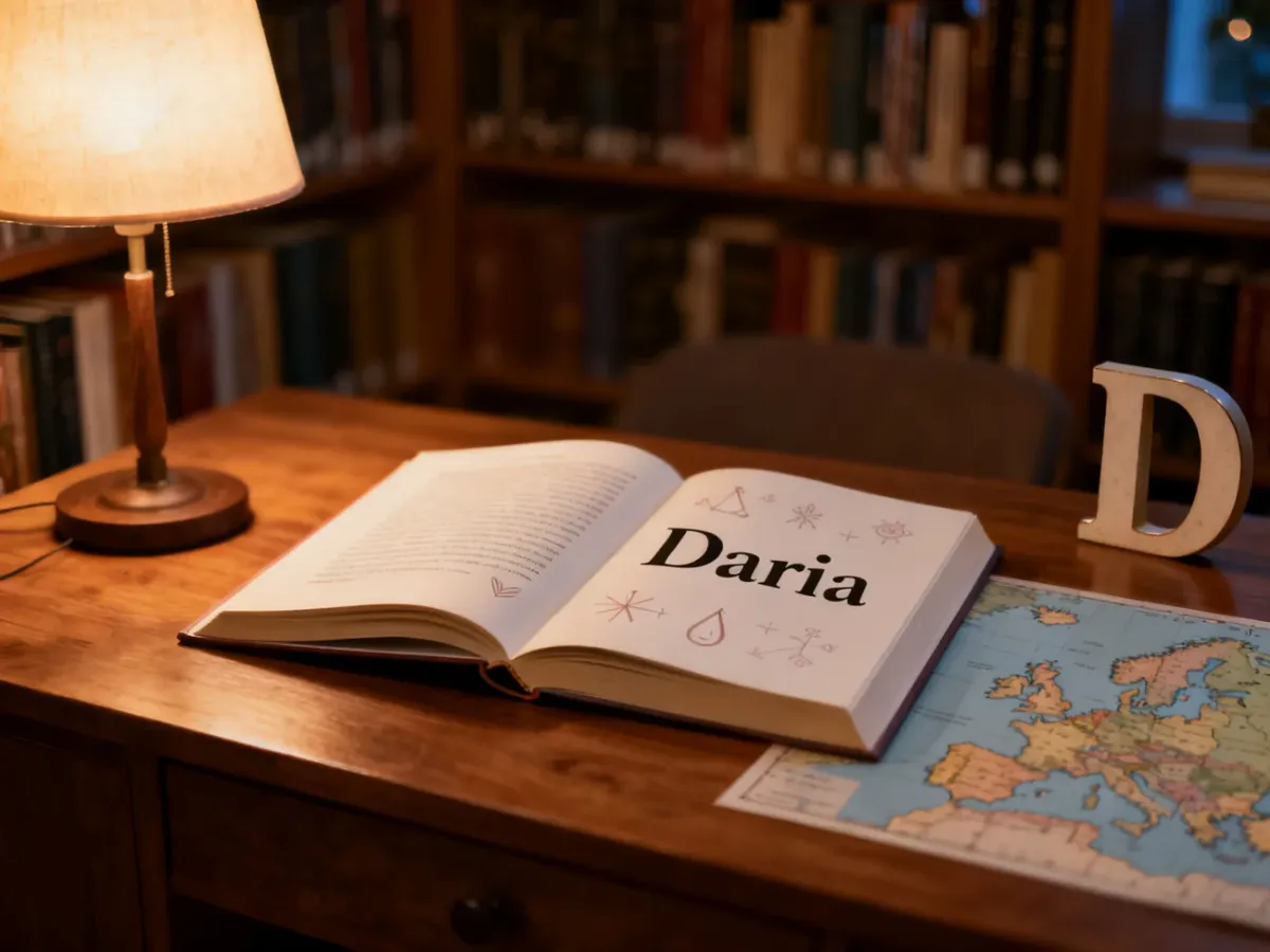 Otwarta księga imion z napisem „Daria” na drewnianym biurku w przytulnej bibliotece, symbolizująca pochodzenie imienia.