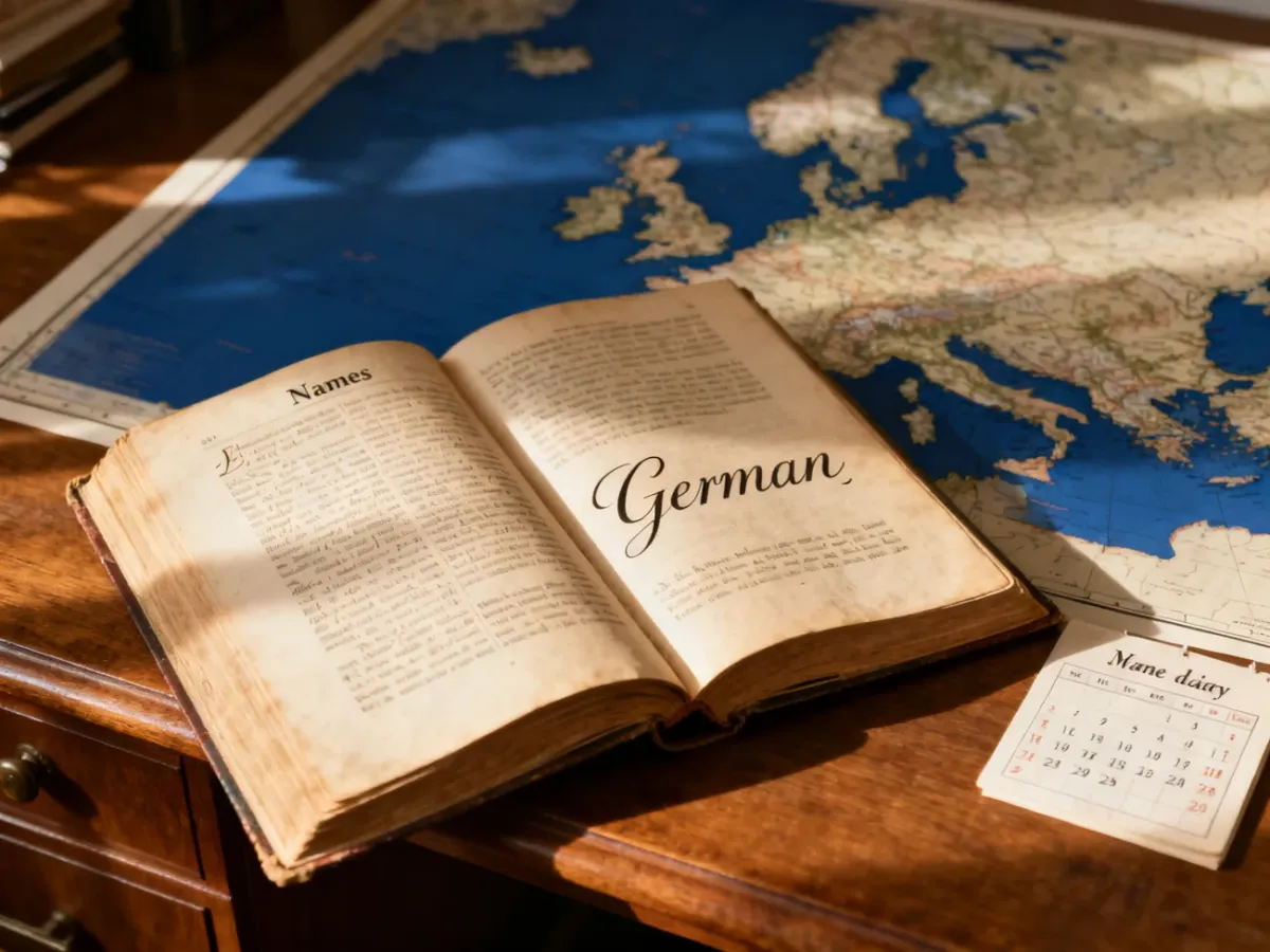Otwarta księga imion na drewnianym biurku z napisem „German” oraz mapą Europy w tle, symbolizująca pochodzenie imienia.